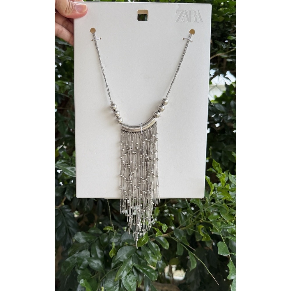 Zara Bib Silver Toned‎ Dangling Necklace Statement Piece Steel Modern Festival